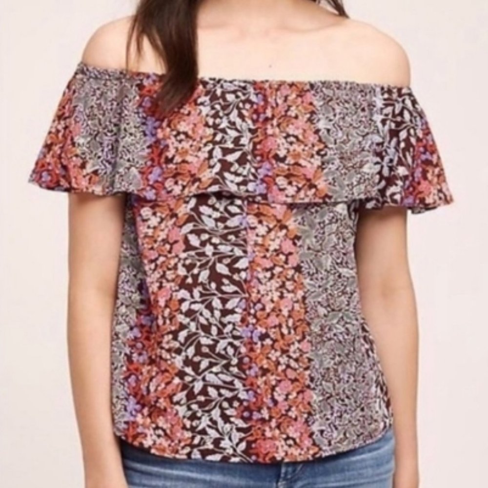 Anthropologie Maeve Purple and Red Floral Off Shoulder Blouse